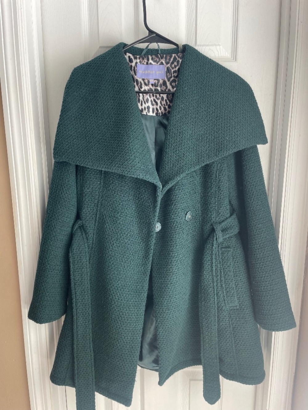 Madden Girl Forest Green Belted Trench Coat Leopard Print Lined - Medium